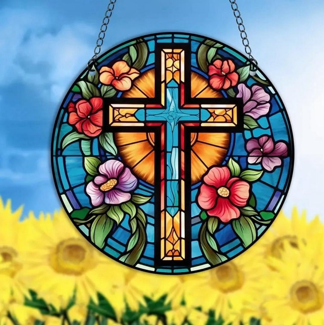 Stained glass acrylic suncatcher, cross with blue flowers design