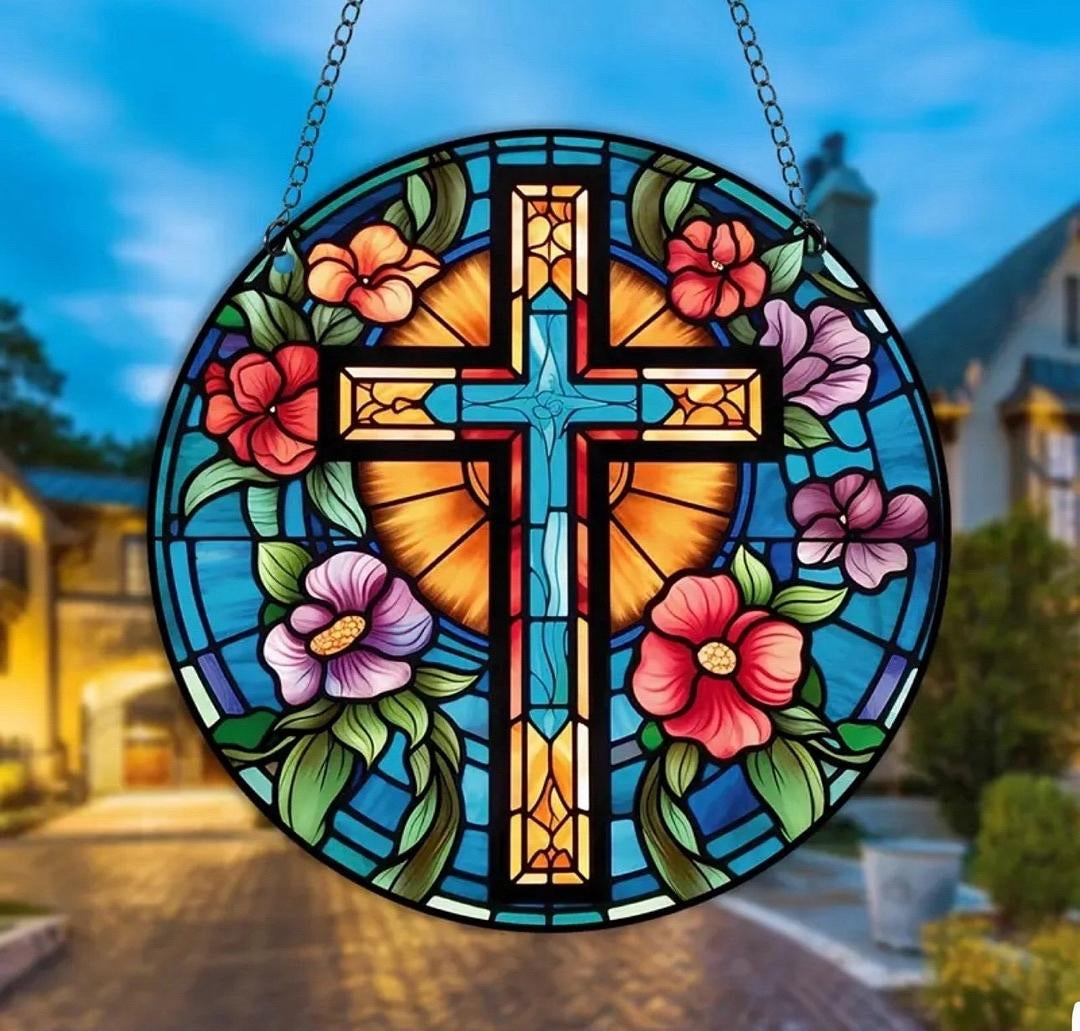 Stained glass acrylic suncatcher, cross with blue flowers design