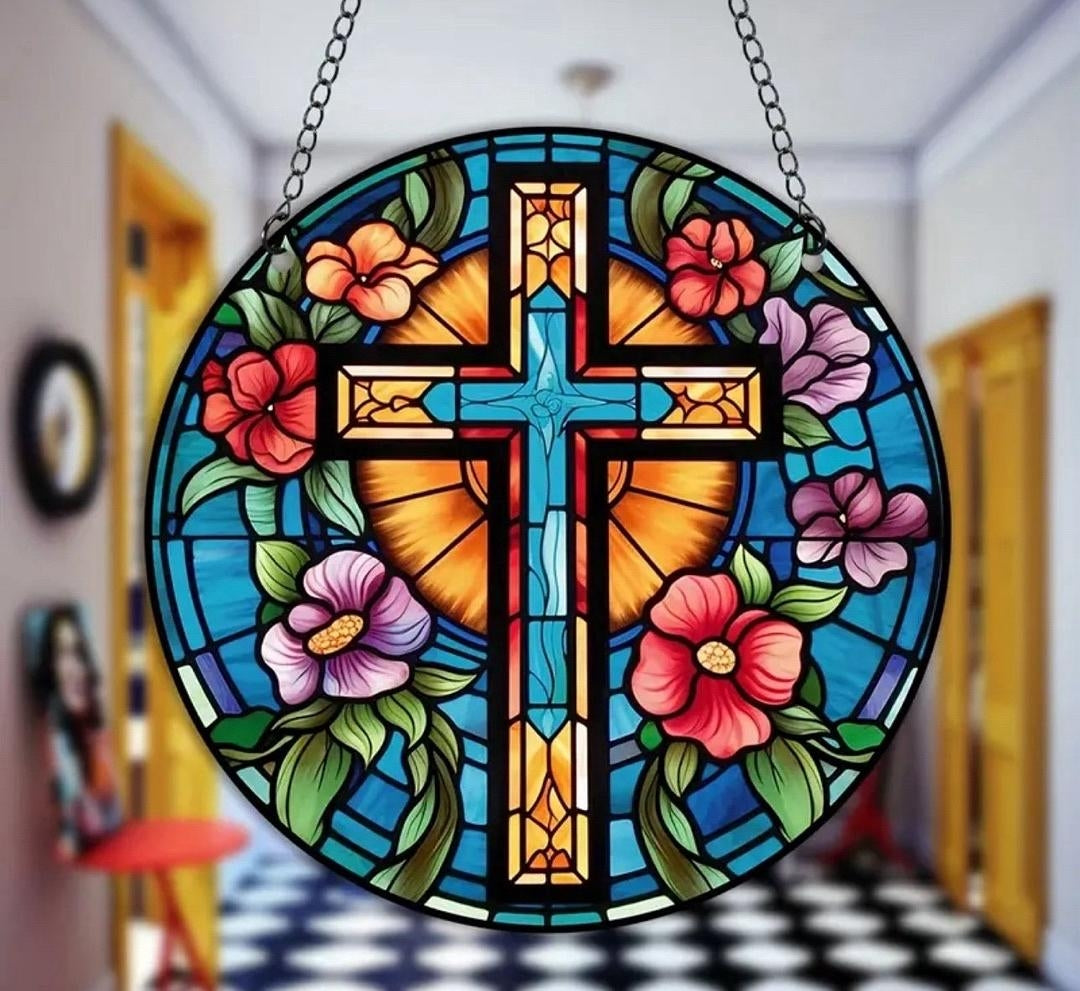 Stained glass acrylic suncatcher, cross with blue flowers design