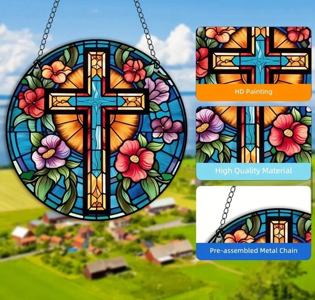 Stained glass acrylic suncatcher, cross with blue flowers design