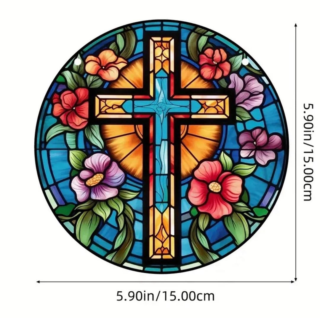 Stained glass acrylic suncatcher, cross with blue flowers design