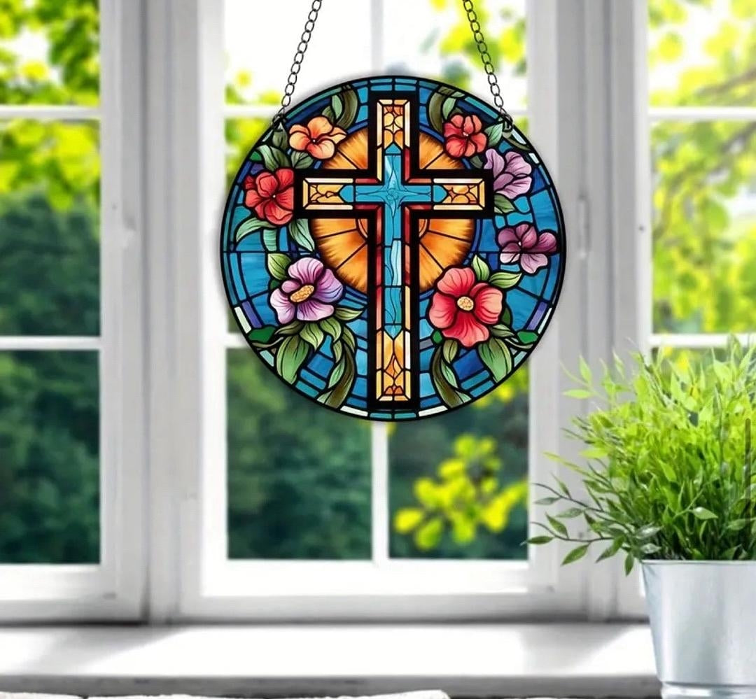 Stained glass acrylic suncatcher, cross with blue flowers design