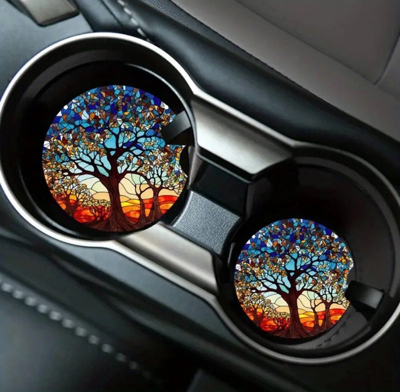 Tree Sunset Car Cup Coasters: Waterproof Art Decor for Vehicle Interior