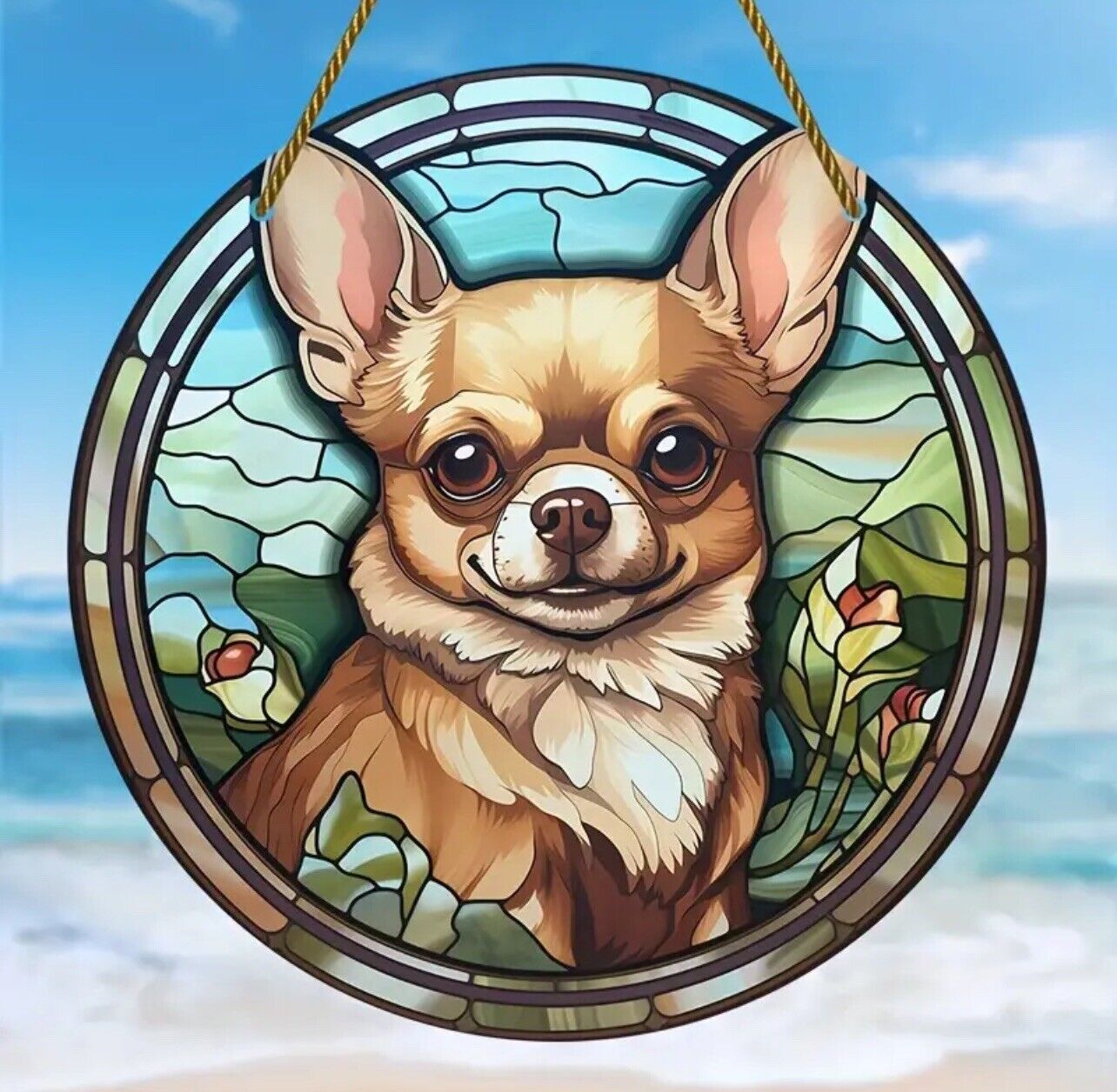 Dog stained glass suncatcher, perfect for home decor or decoration.