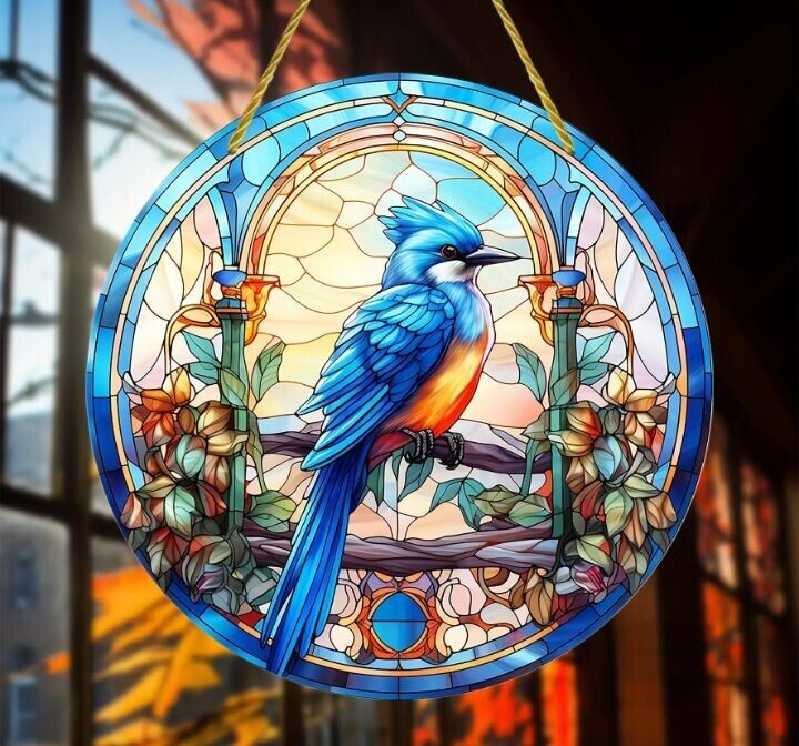 Bluejay No. 4 stained glass acrylic suncatcher, vibrant and elegant decor.