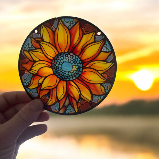 Yellow Flower Stained Glass Acrylic Suncatcher - 6" Sunburst Design