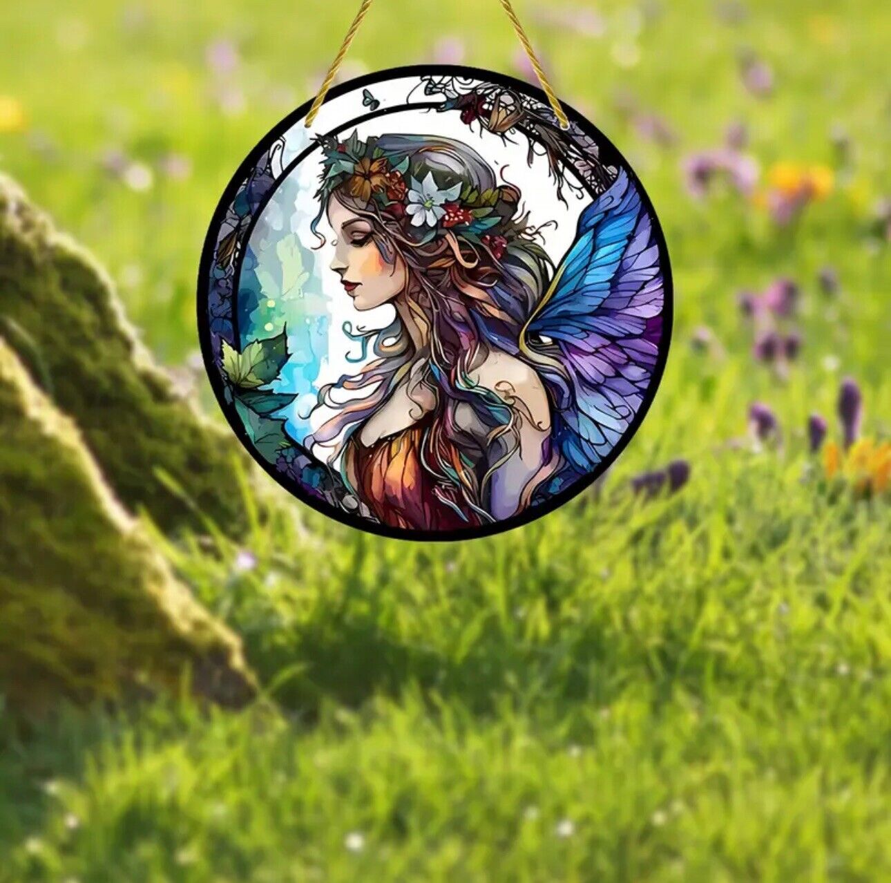 Fairy lady stained glass acrylic suncatcher with enchanting blue wings design.