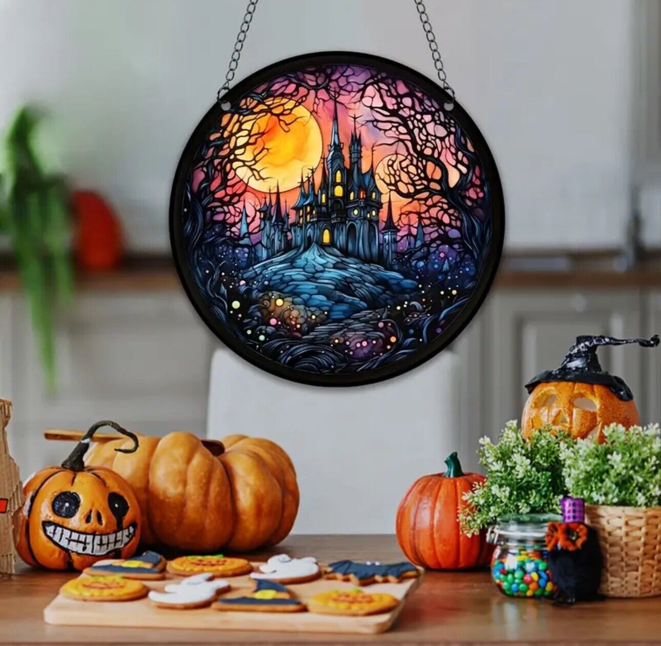 Stained glass acrylic sun catcher: moon, castle, and tree design. Halloween