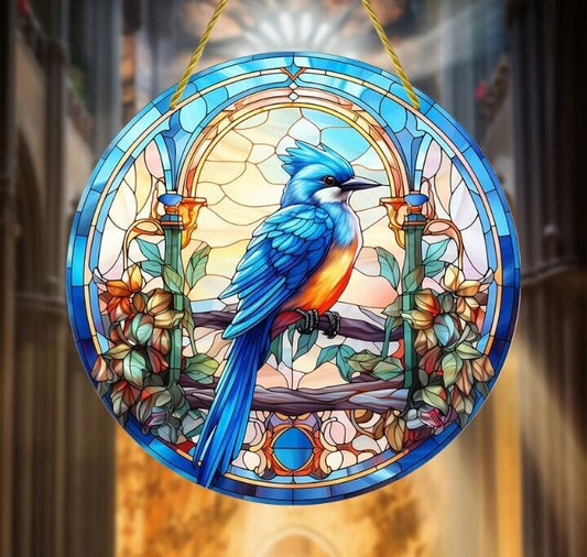 Bluejay No. 4 stained glass acrylic suncatcher, vibrant and elegant decor.