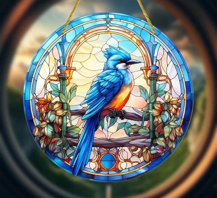 Bluejay No. 4 stained glass acrylic suncatcher, vibrant and elegant decor.