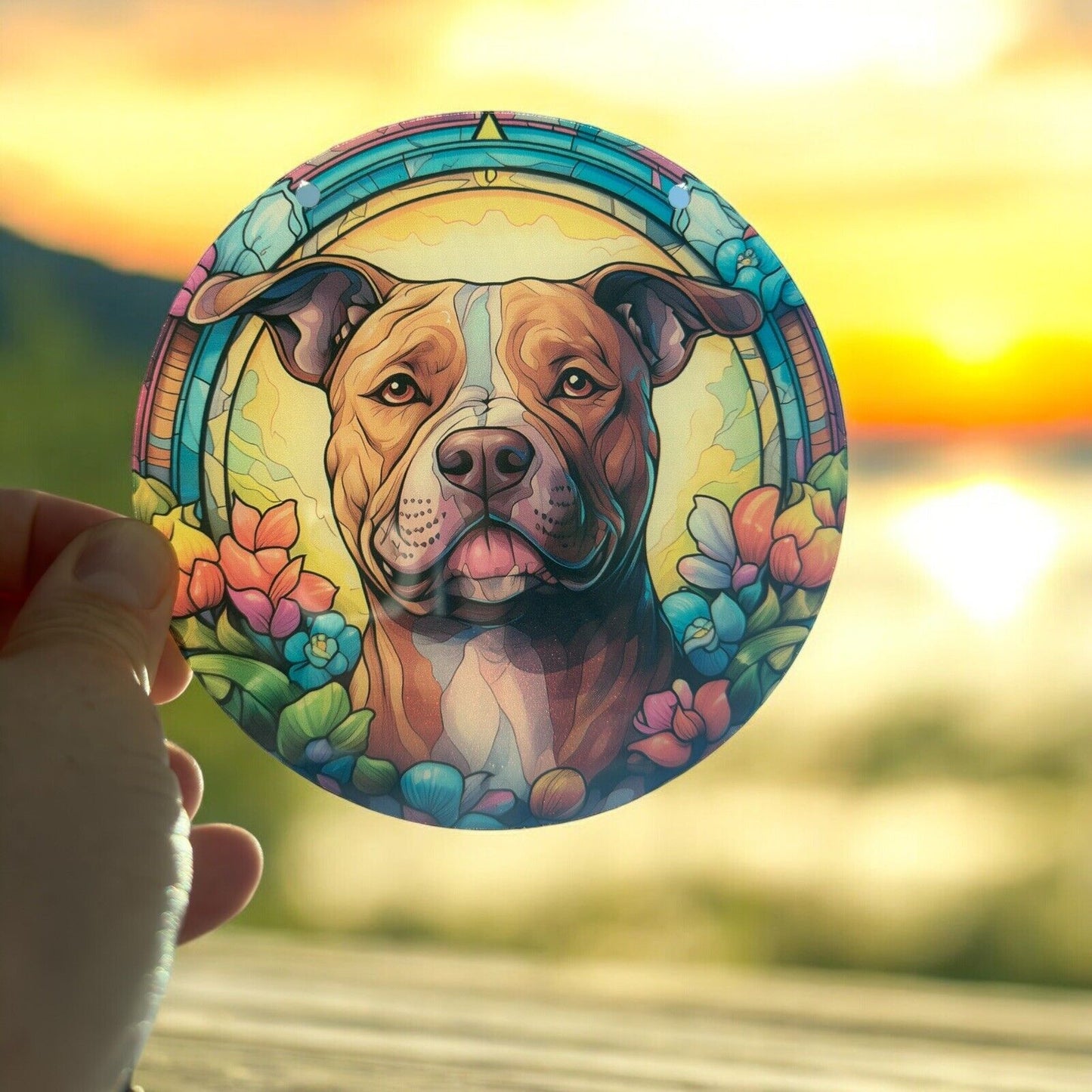 Dog stained glass acrylic suncatcher with a vibrant, colorful background.