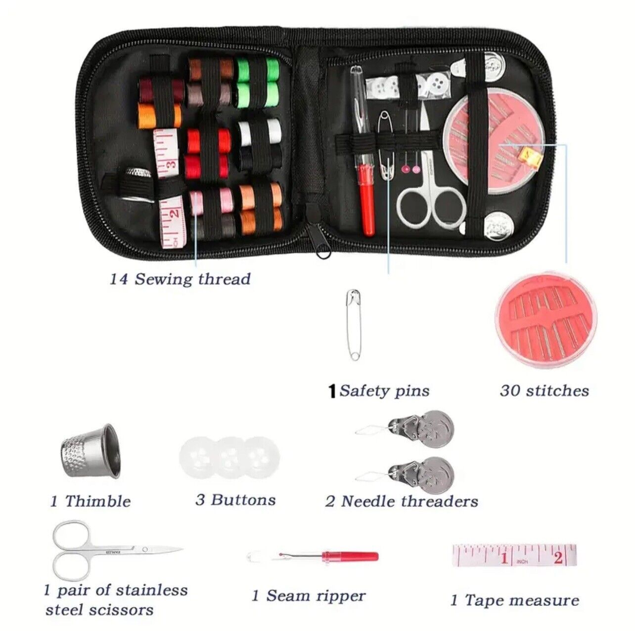 Sewing Kit for Adults with 30pcs Multicolor Threads & Needles. Best Emergency...