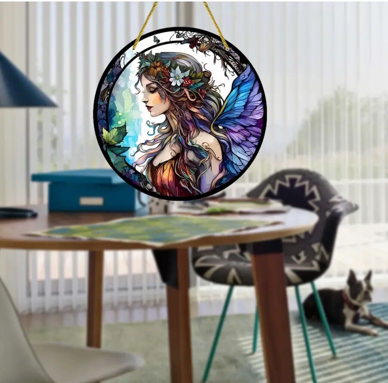 Fairy lady stained glass acrylic suncatcher with enchanting blue wings design.