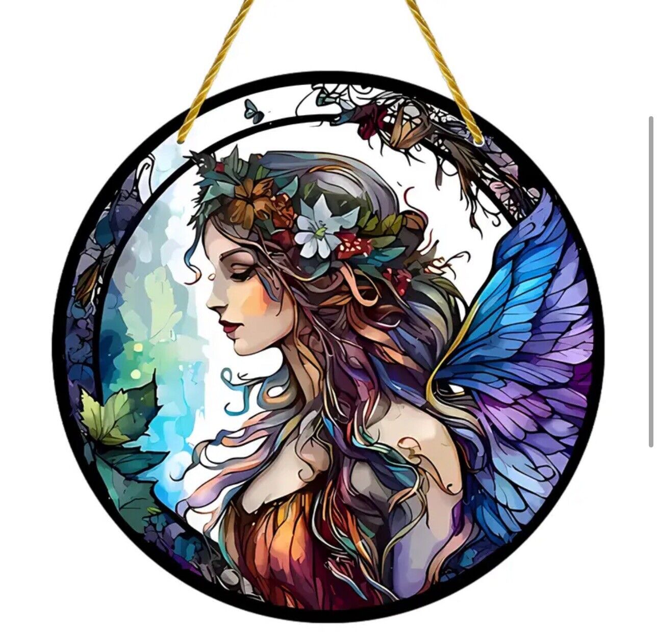 Fairy lady stained glass acrylic suncatcher with enchanting blue wings design.