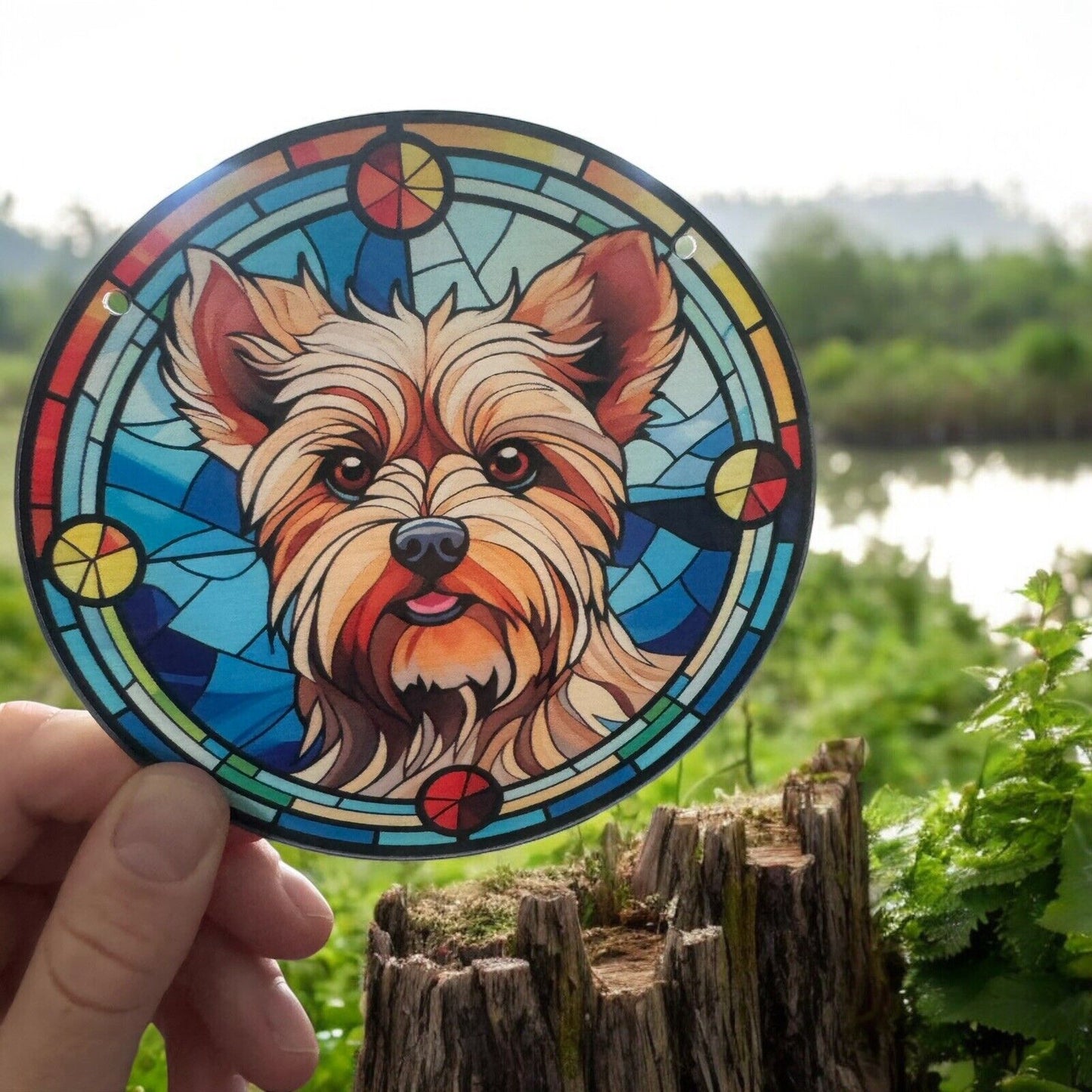 Dog Stained Glass Acrylic Suncatcher with Blue Background - Charming Pet Decor