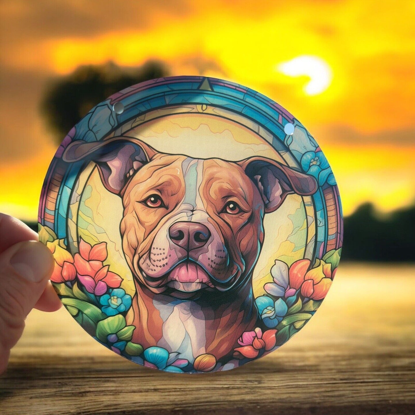 Dog stained glass acrylic suncatcher with a vibrant, colorful background.