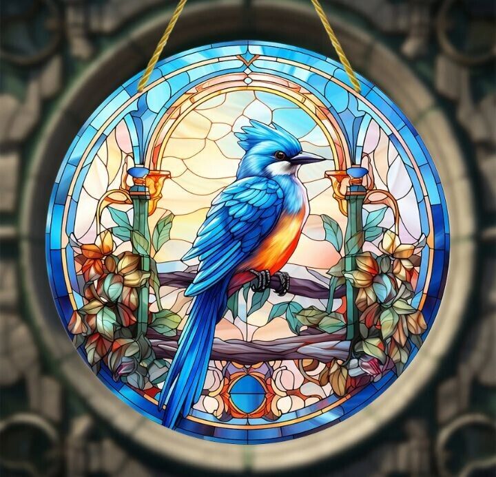 Bluejay No. 4 stained glass acrylic suncatcher, vibrant and elegant decor.