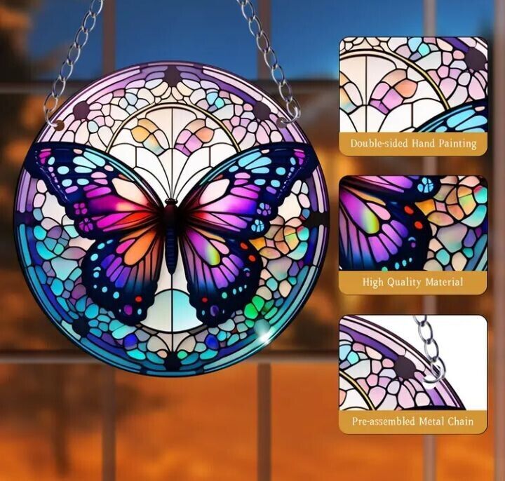 Stained glass acrylic suncatcher, purple butterfly design, number 9.