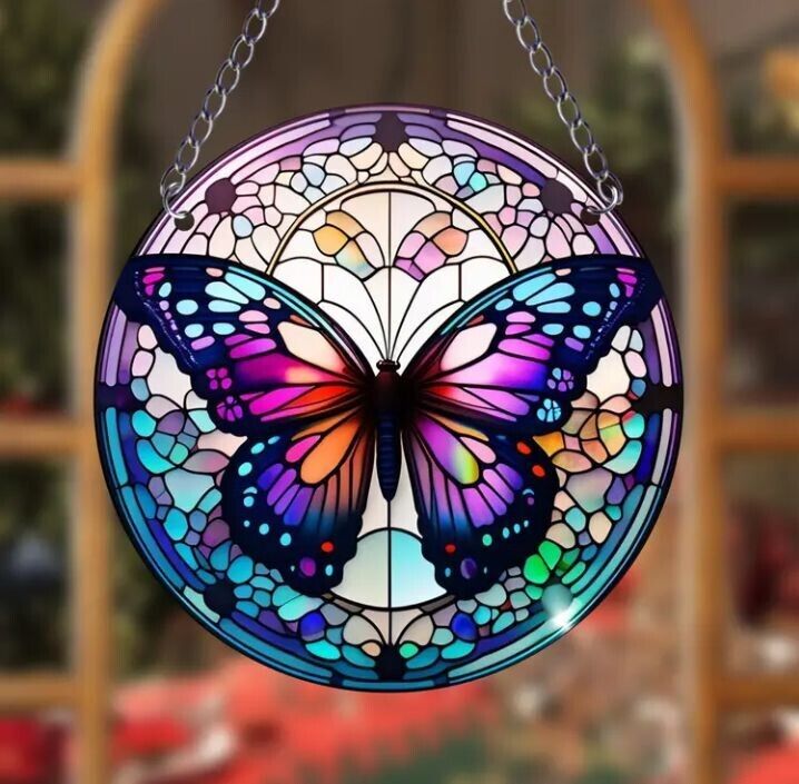 Stained glass acrylic suncatcher, purple butterfly design, number 9.