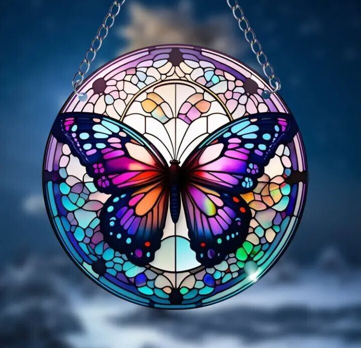 Stained glass acrylic suncatcher, purple butterfly design, number 9.