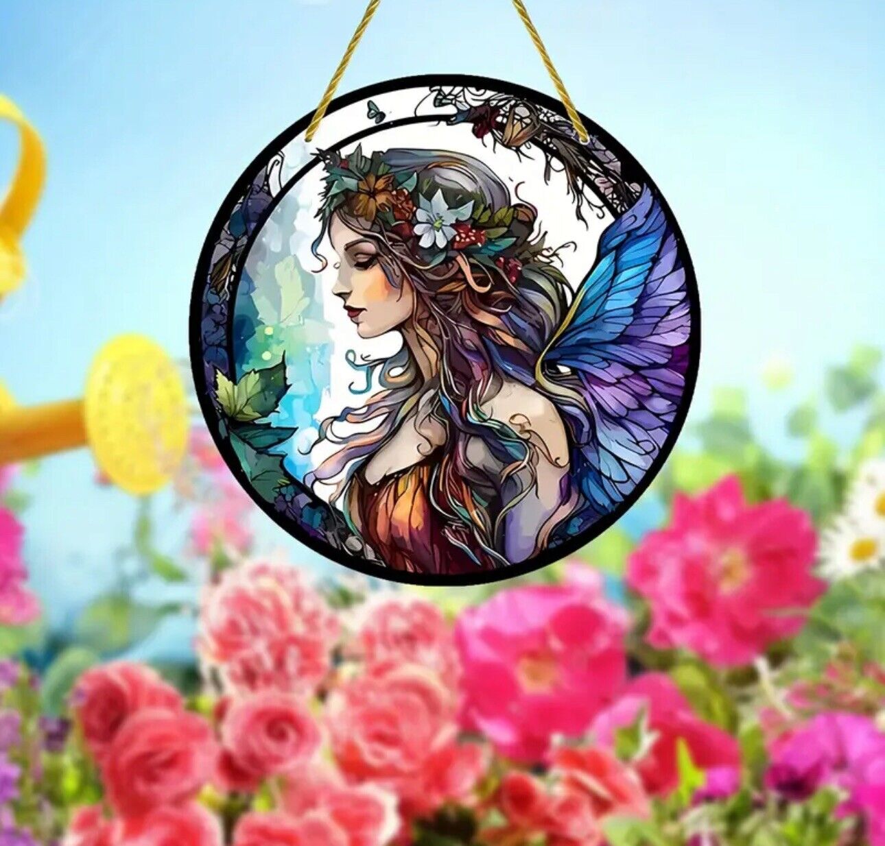 Fairy lady stained glass acrylic suncatcher with enchanting blue wings design.