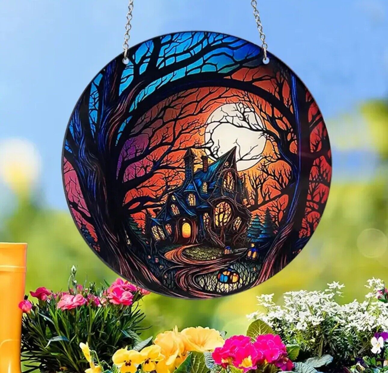 Spooky Halloween House & Trees Sun Catcher: Stained Glass Plastic Acrylic