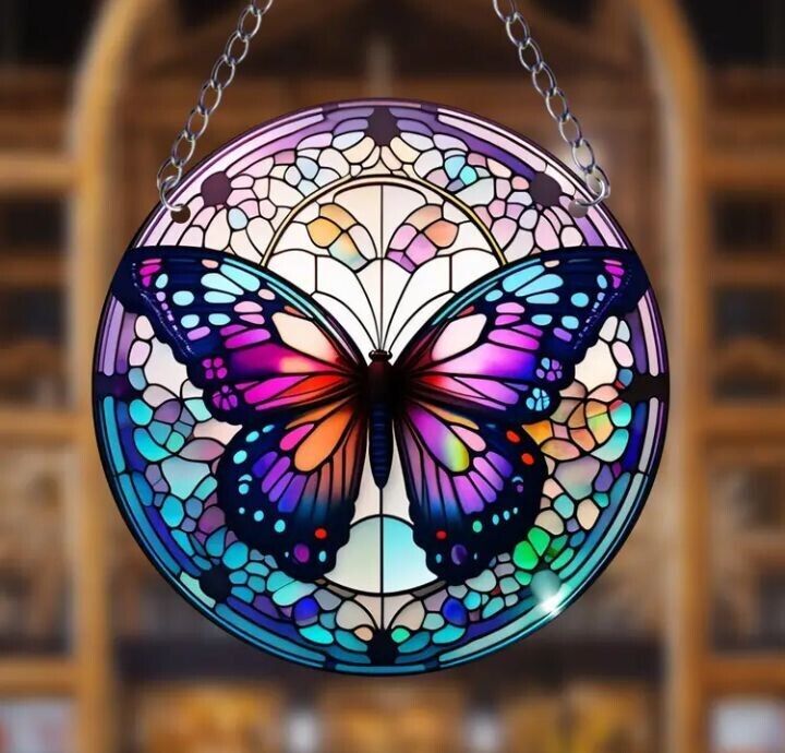 Stained glass acrylic suncatcher, purple butterfly design, number 9.