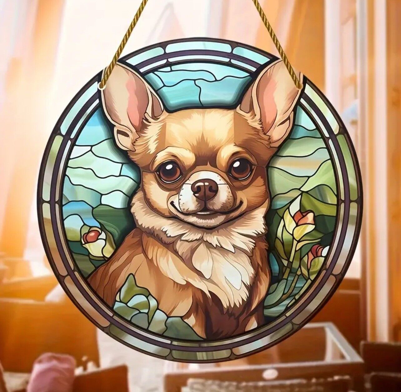 Dog stained glass suncatcher, perfect for home decor or decoration.