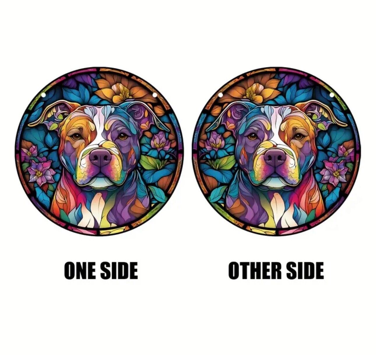 Dog stained glass acrylic suncatcher with a colorful flower background.