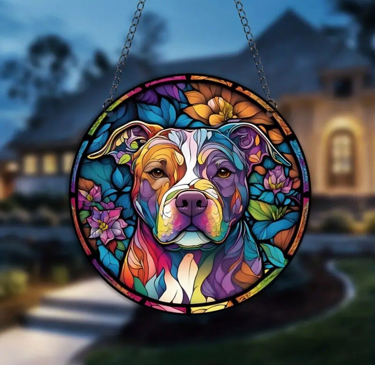 Dog stained glass acrylic suncatcher with a colorful flower background.