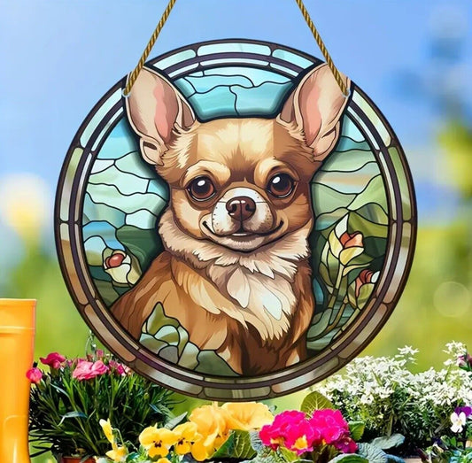 Dog stained glass suncatcher, perfect for home decor or decoration.