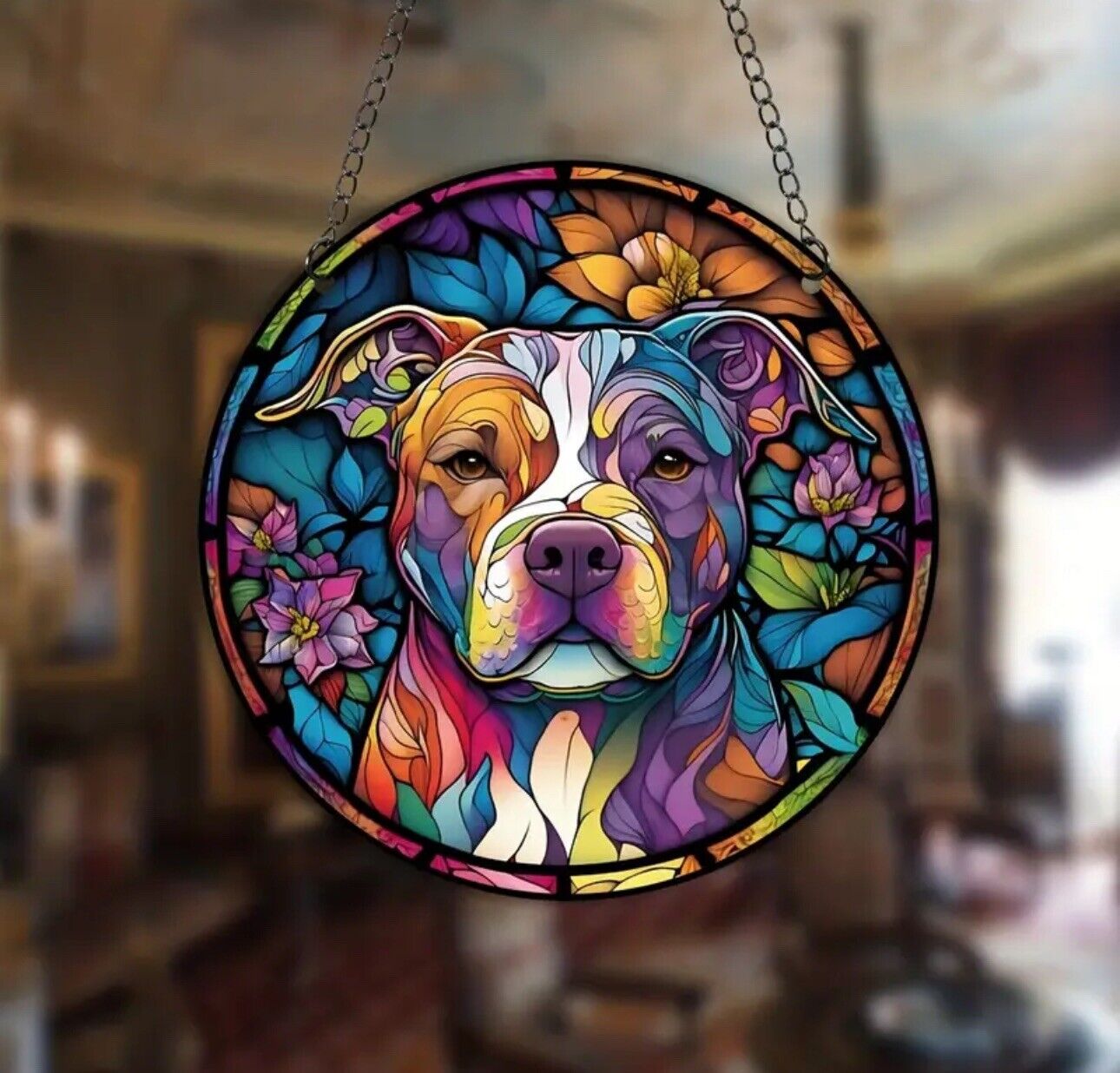 Dog stained glass acrylic suncatcher with a colorful flower background.