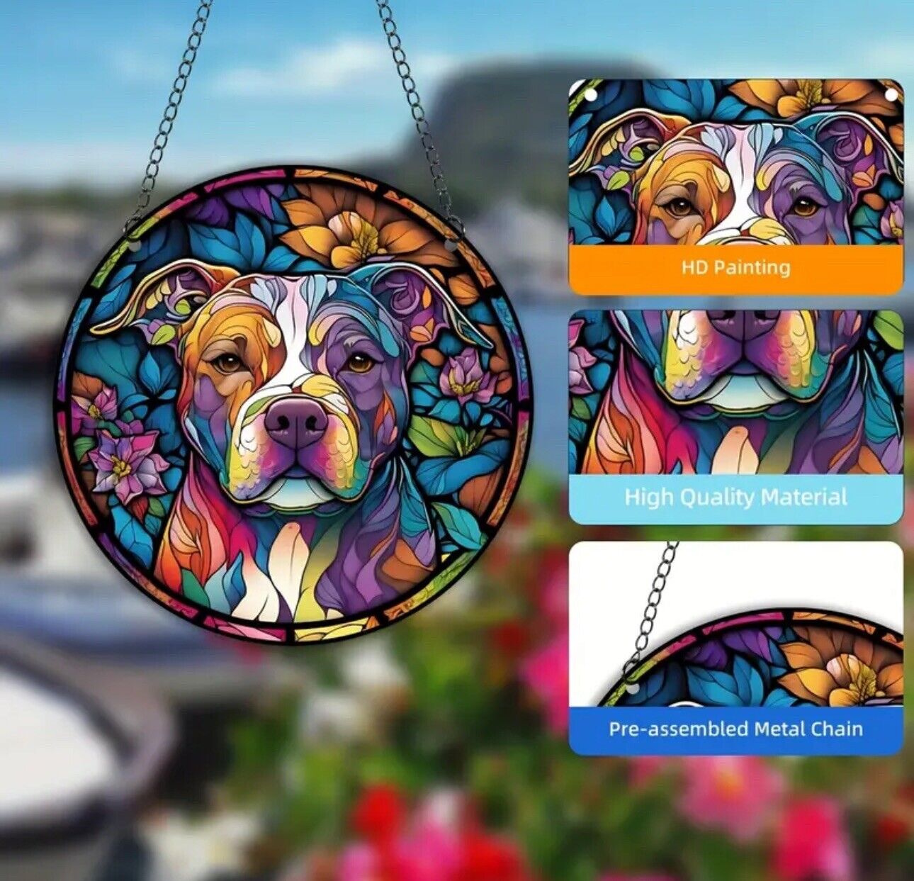 Dog stained glass acrylic suncatcher with a colorful flower background.