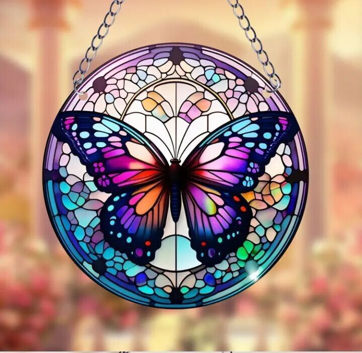 Stained glass acrylic suncatcher, purple butterfly design, number 9.