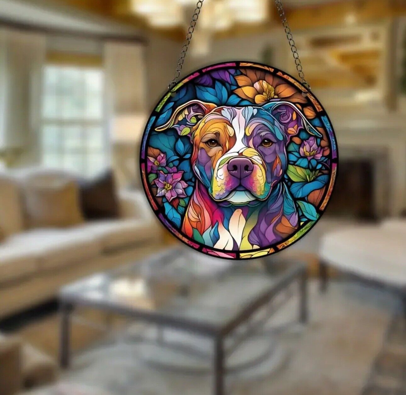 Dog stained glass acrylic suncatcher with a colorful flower background.