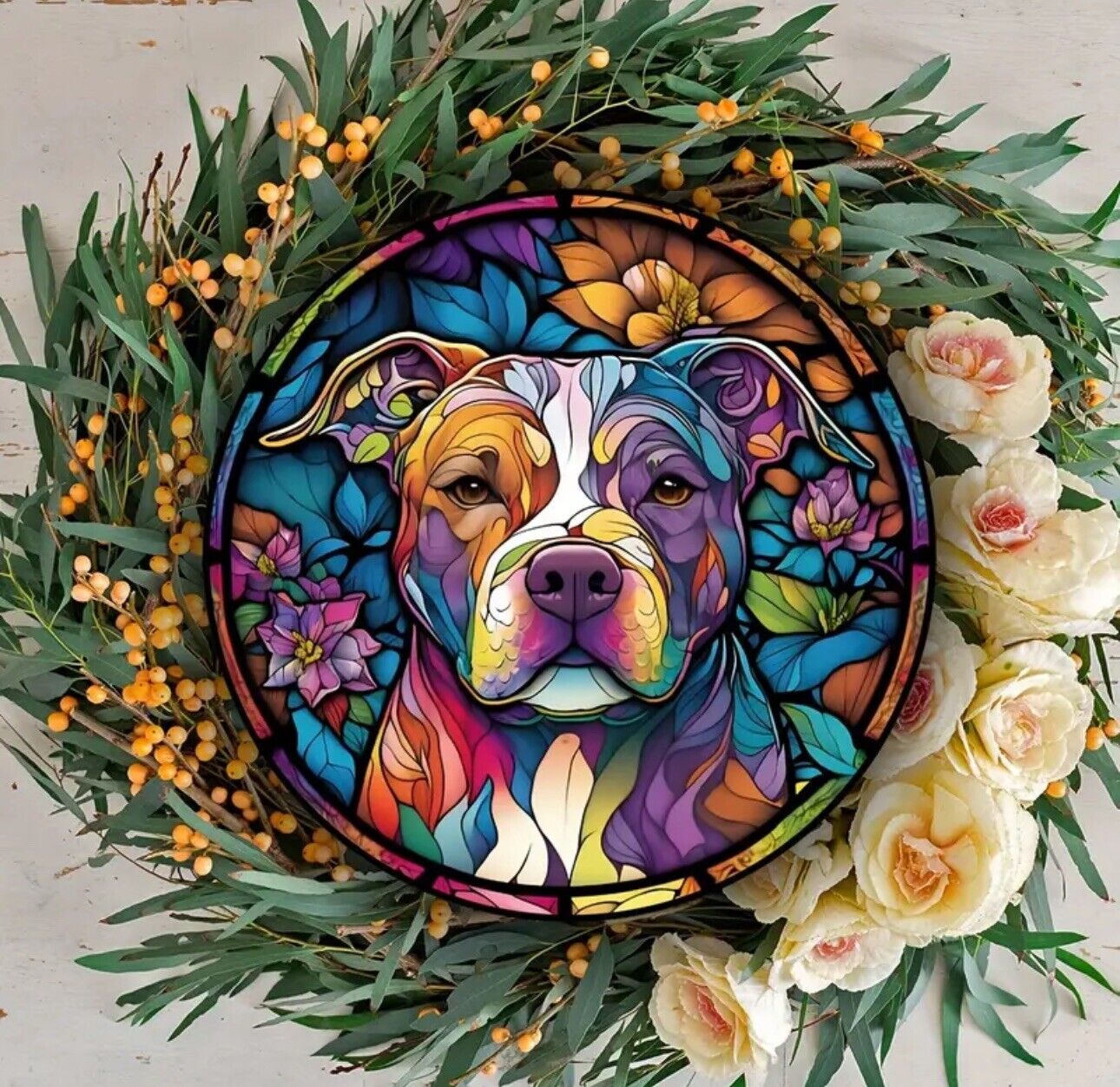 Dog stained glass acrylic suncatcher with a colorful flower background.