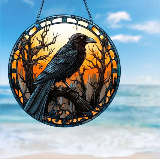 Halloween Window Hangings Acrylic Suncatcher Imitation Stained Glass Crows