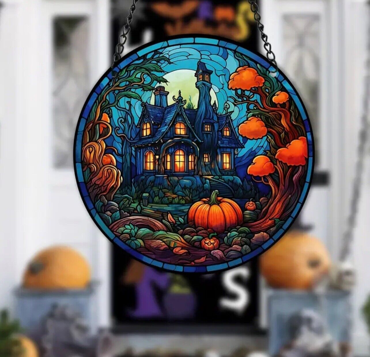 Halloween castle pumpkin suncatcher for indoor/outdoor plastic stained glass