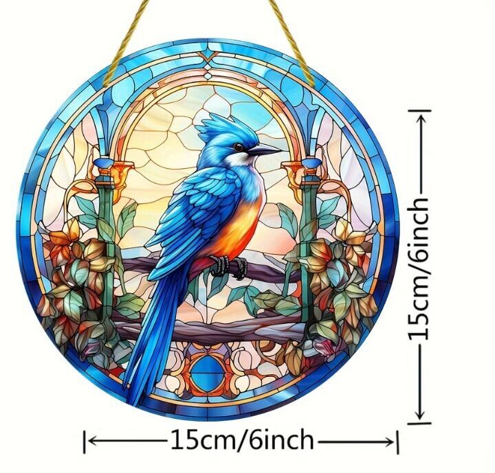 Bluejay No. 4 stained glass acrylic suncatcher, vibrant and elegant decor.