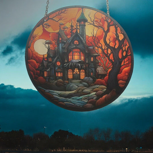 Stained Glass Acrylic Suncatcher: Spooky Castle with Moon, eerie and enchanting