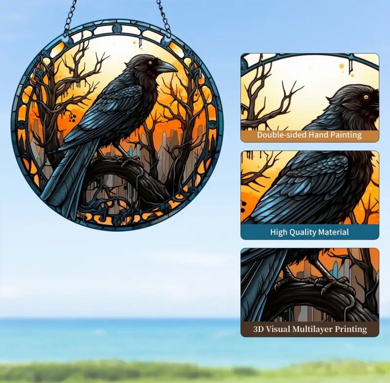 Halloween Window Hangings Acrylic Suncatcher Imitation Stained Glass Crows