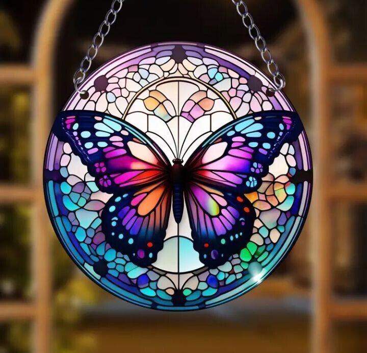 Stained glass acrylic suncatcher, purple butterfly design, number 9.