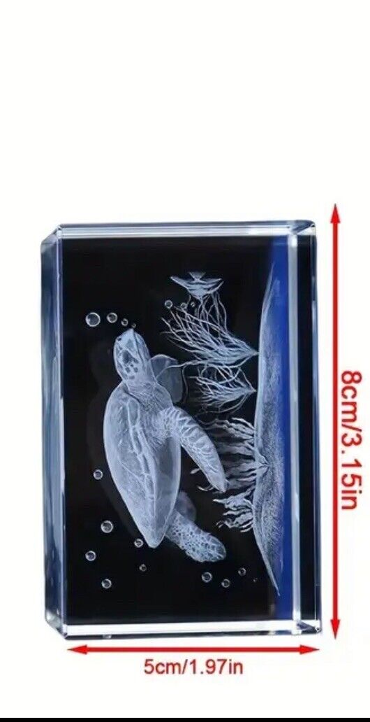 Crystal Laser Engraved Sea Turtle with Plants – Oceanic Art at the Sea Bottom.