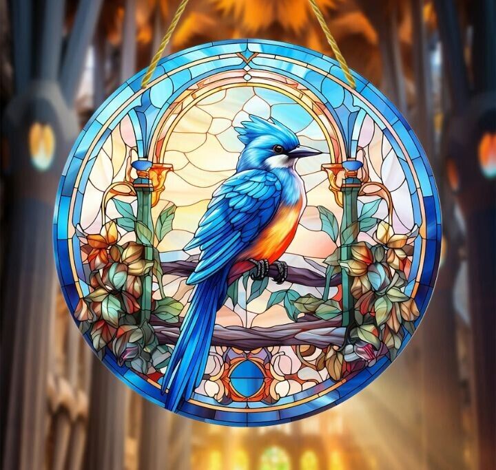 Bluejay No. 4 stained glass acrylic suncatcher, vibrant and elegant decor.