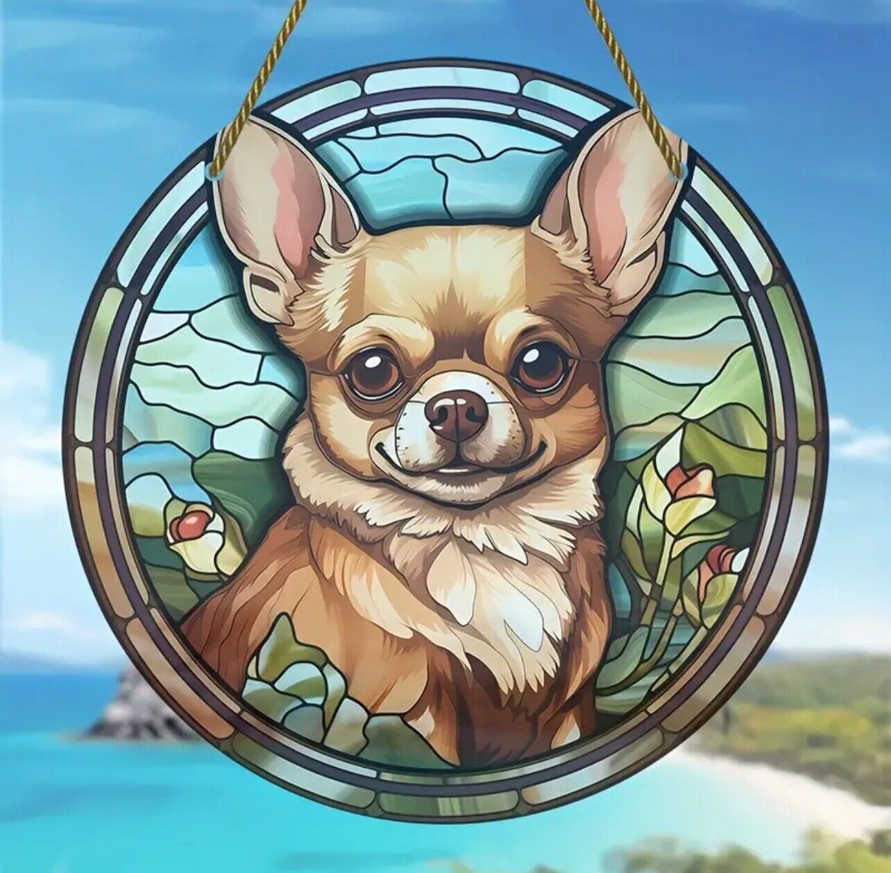 Dog stained glass suncatcher, perfect for home decor or decoration.