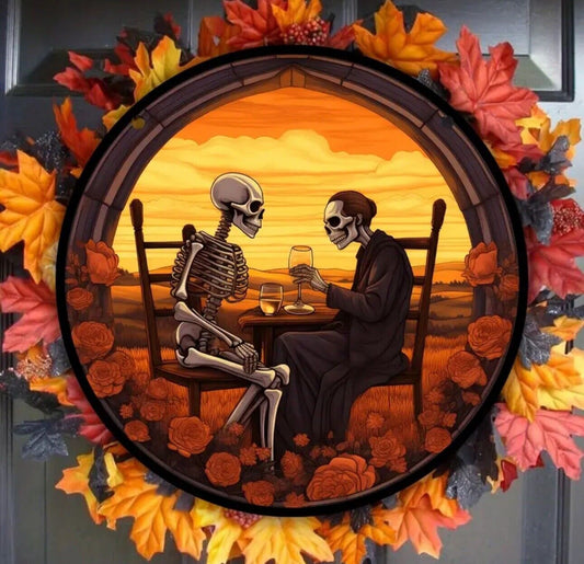 Stained glass acrylic suncatcher, Halloween skeleton couple having wine, spooky