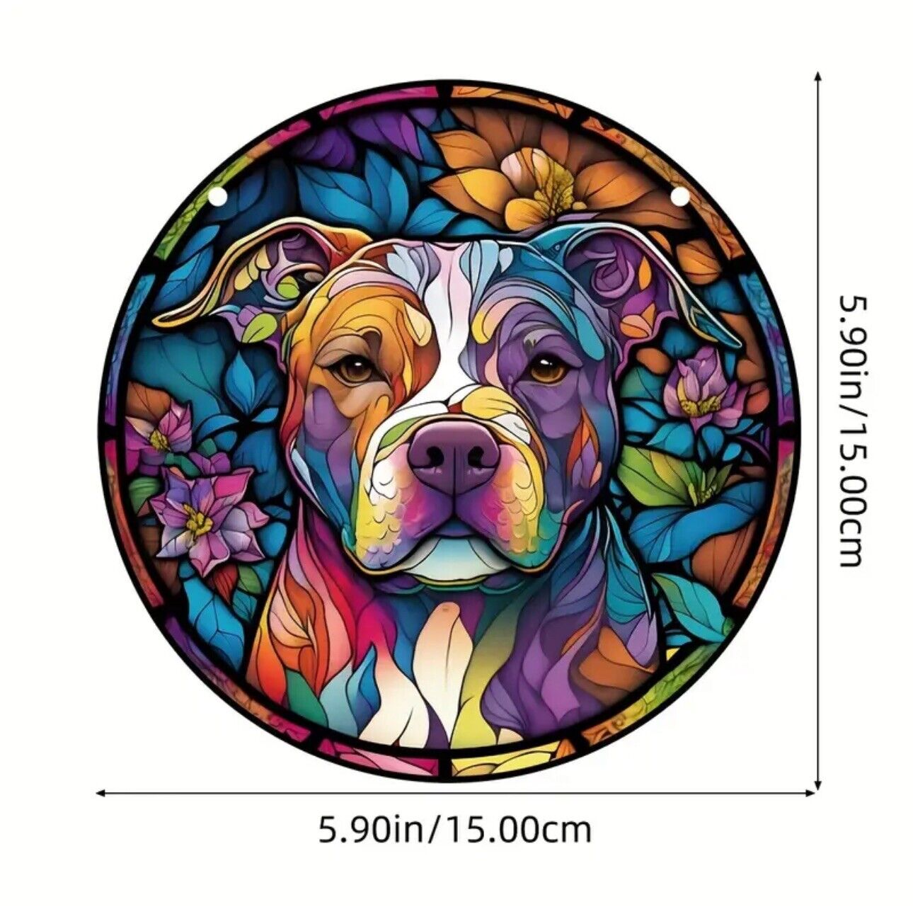 Dog stained glass acrylic suncatcher with a colorful flower background.