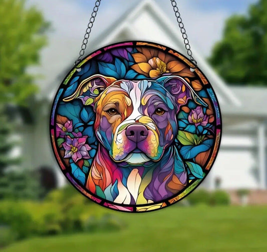 Dog stained glass acrylic suncatcher with a colorful flower background.