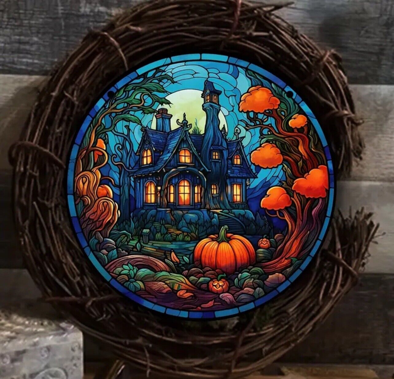 Halloween castle pumpkin suncatcher for indoor/outdoor plastic stained glass