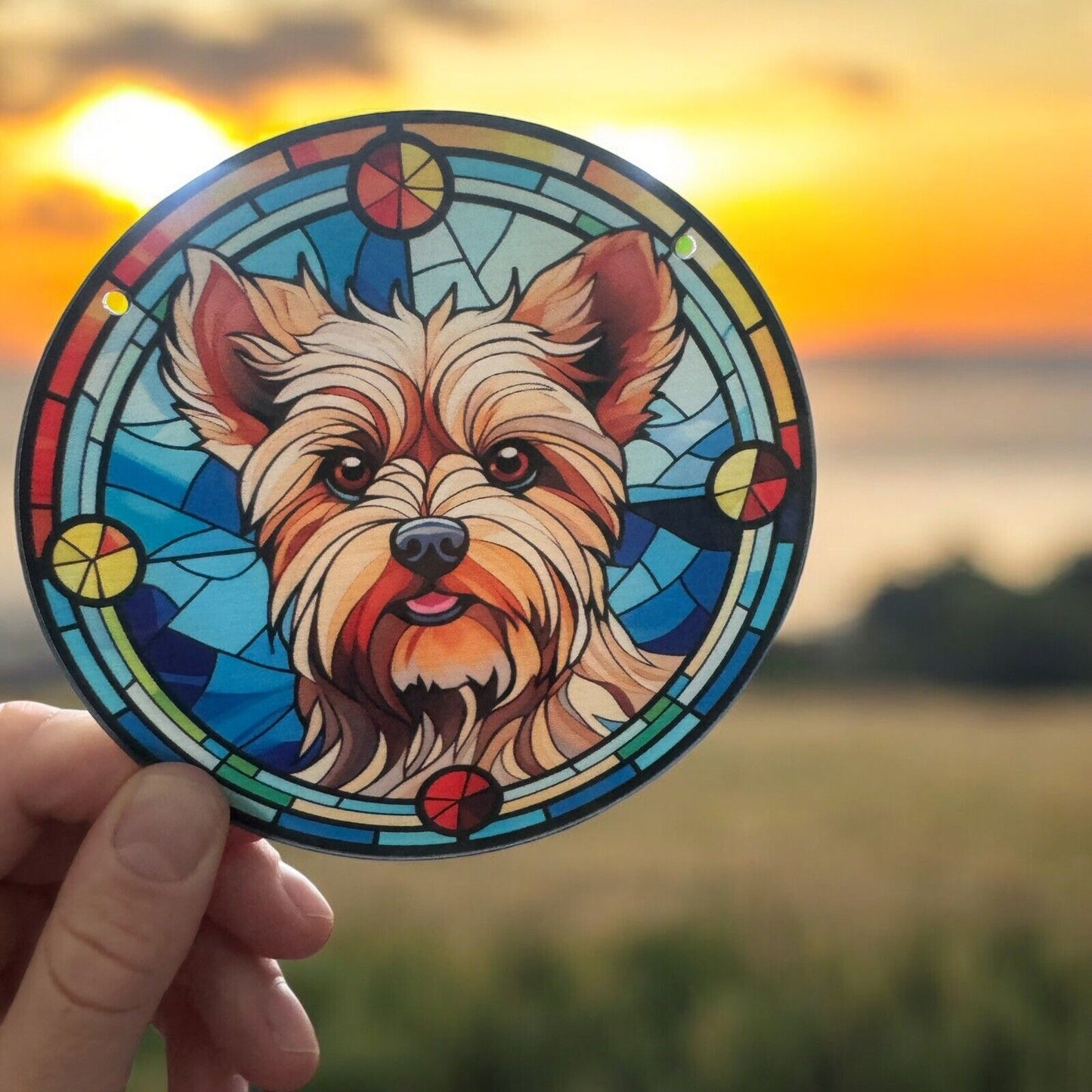 Dog Stained Glass Acrylic Suncatcher with Blue Background - Charming Pet Decor